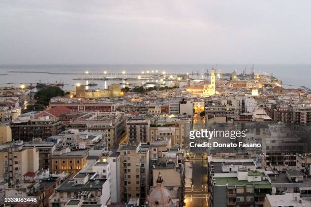 View from above of Bari Vecchia where you can see the Basilica of San Nicola and the cathedral on August 05, 2021 in Bari, Italy.