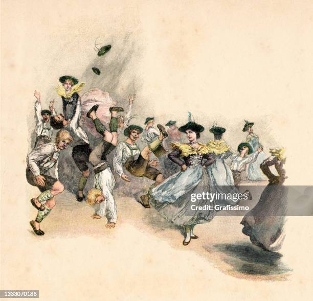 bavarian people dancing traditional dance called schuhplattler 1896 - bavaria traditional stock illustrations