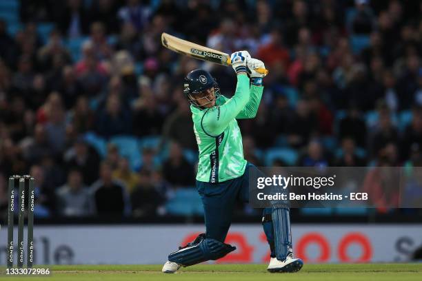 Jason Roy of Oval Invincibles hits the ball down the ground during The Hundred match between Oval Invincibles Men and Trent Rockets Men at The Kia...