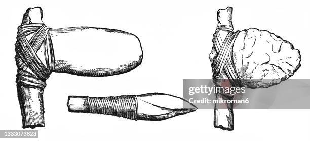 old engraved illustration of progressive element in barbarism, weapons of new zealanders - paleo imagens e fotografias de stock