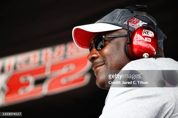 Hall of Famer Michael Jordan and co-owner of 23XI Racing looks on from the 23XI Racing pit box during the NASCAR Cup Series Go Bowling at The Glen at...