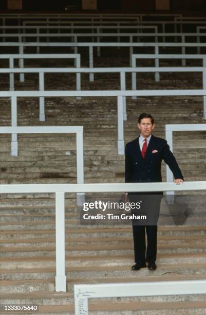 British Royal Charles, Prince of Wales standing on The Kop during a visit to Anfield, the home of Liverpool FC, to pay his respects to those who lost...