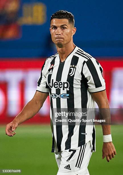 Cristiano Ronaldo of Juventus looks on during the Joan Gamper Trophy match between FC Barcelona and Juventus at Estadi Johan Cruyff on August 08,...