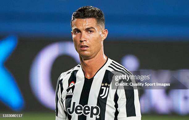 Cristiano Ronaldo of Juventus looks on during the Joan Gamper Trophy match between FC Barcelona and Juventus at Estadi Johan Cruyff on August 08,...