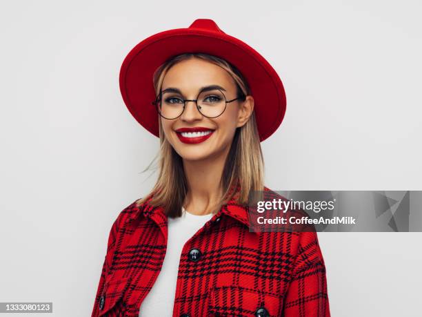 young happy emotional girl - red eyeglasses stock pictures, royalty-free photos & images