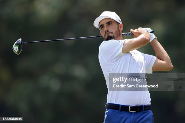 Abraham Ancer of Mexico plays his shot from the seventh tee during the final round of the FedEx St. Jude Invitational at TPC Southwind on August 08,...