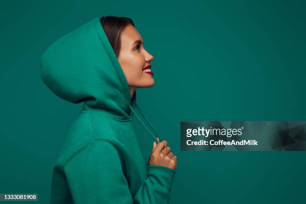 beautiful emotional woman - hoodie imagens e fotografias de stock