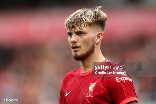 Harvey Elliott of Liverpool in action during the pre-season friendly match between Liverpool and Athletic Club at Anfield on August 08, 2021 in...
