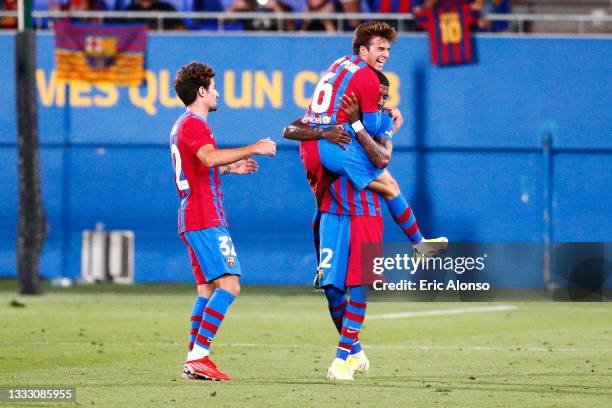 Riqui Puig of FC Barcelona celebrates scoring his side's 3rd goal during the Joan Gamper Trophy match between FC Barcelona and Juventus at Estadi...