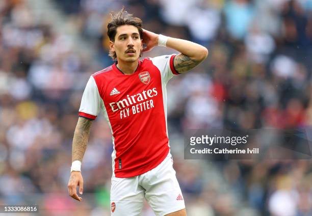 Hector Bellerin of Arsenal during the Pre-season friendly between Tottenham Hotspur and Arsenal at Tottenham Hotspur Stadium on August 08, 2021 in...