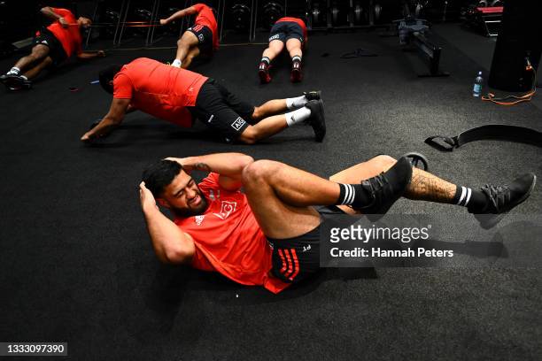 Akira Ioane trains during a New Zealand All Blacks gym session at Les Mills on August 09, 2021 in Auckland, New Zealand.
