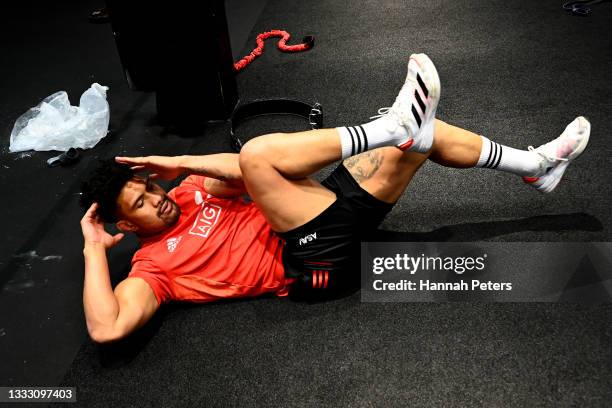 Ardie Savea trains during a New Zealand All Blacks gym session at Les Mills on August 09, 2021 in Auckland, New Zealand.