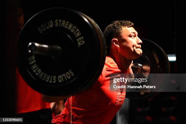 David Havili trains during a New Zealand All Blacks gym session at Les Mills on August 09, 2021 in Auckland, New Zealand.