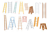 Set of Step Ladders, Metal, Wooden and Suspended and Rope Stairways for Renovation Works Isolated on White Background