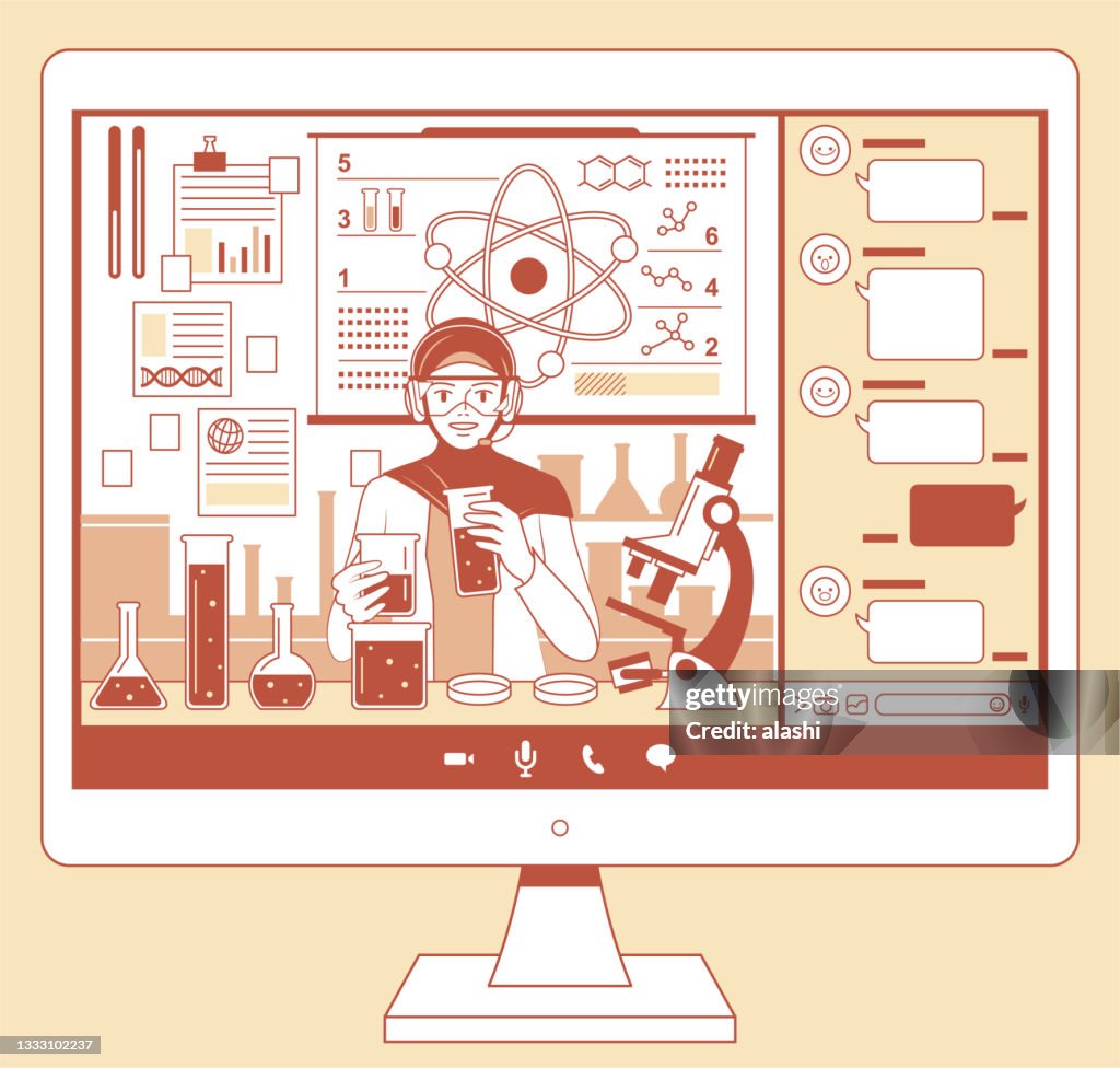 Young Muslim female teacher (Scientist, Biochemist) with hijab and headphones teaching online courses on a computer monitor, scientific experiment, and e-learning concept
