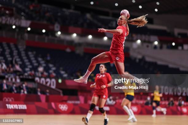 Camilla Herrem of Team Norway shoots at goal during the Women's Bronze Medal handball match between Norway and Sweden on day sixteen of the Tokyo...