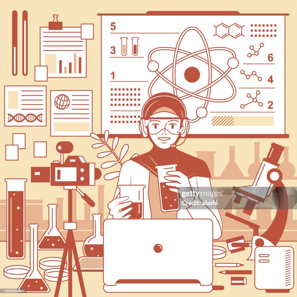 Young Muslim female teacher (Scientist, Biochemist) with hijab and headphones is remotely teaching science (online class and scientific experiment) using laptop and camera and whiteboard at laboratory (classroom), e-learning and telecommuting concept