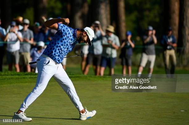 Erik van Rooyen of South Africa celebrates winning on the 18th green during the final round of the Barracuda Championship at Tahoe Mountain Club's...