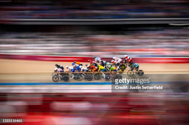 General view as riders compete during the Women's Omnium elimination race, 3 round of 4 of the track cycling on day sixteen of the Tokyo 2020 Olympic...