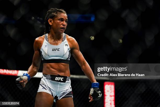 Angela Hill during her Strawweight fight against Tecia Torres at Toyota Center on July 7, 2021 in Houston, Texas.