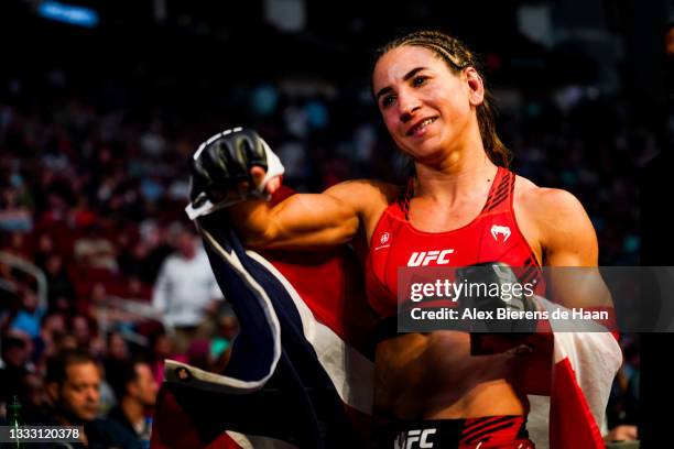 Tecia Torres smiles after defeating Angela Hill in their Strawweight fight at Toyota Center on July 7, 2021 in Houston, Texas.