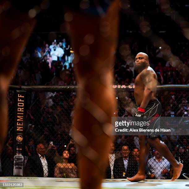 Derrick Lewis stares down Ciryl Gane during their Heavyweight bout at Toyota Center on July 7, 2021 in Houston, Texas.