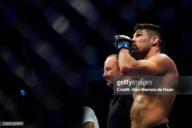 Vincente Luque reacts after defeating Michael Chiesa in their bantamweight fight at Toyota Center on July 7, 2021 in Houston, Texas.