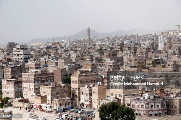Historical buildings of the Old Sana'a City are seen on August 8, 2021 in Sana'a, Yemen. The old city of Sana'a is one of the oldest...