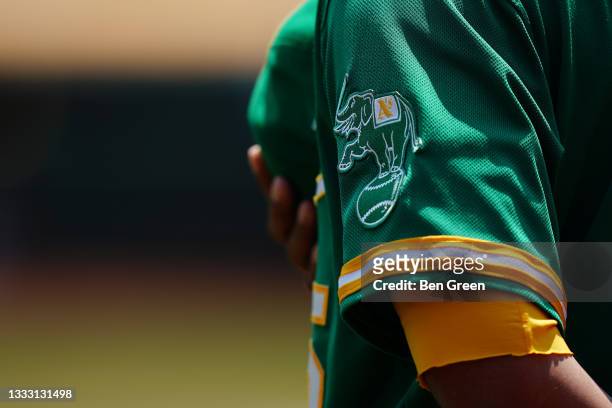 Detail shot of the secondary logo on Tony Kemp of the Oakland Athletics jersey prior to the game against the Texas Rangers at RingCentral Coliseum on...