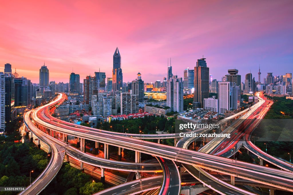 Aerial View of Crowded Elevated Road, Shanghai, China