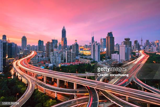 aerial view of crowded elevated road, shanghai, china - shanghai stock pictures, royalty-free photos & images