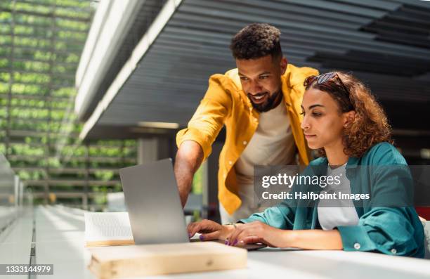 young university students with laptop and book indoors in librabry, talking. - two men studying library stock-fotos und bilder