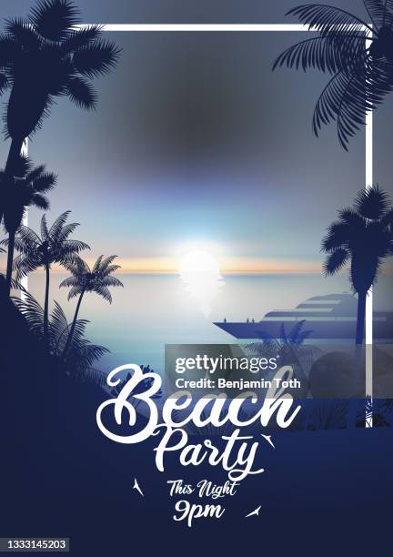 sommer beach party poster mit tropischem strand und yacht am abend - tropical music stock-grafiken, -clipart, -cartoons und -symbole