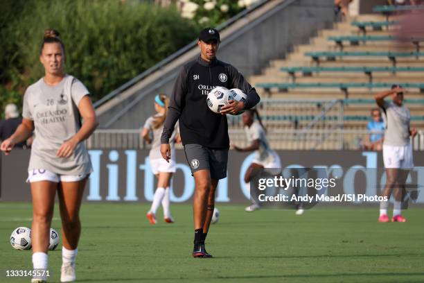 Assistant coach Seb Hines of the Orlando Pride before a game between Orlando Pride and North Carolina Courage at WakeMed Soccer Park on July 31, 2021...