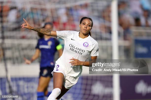 Sydney Leroux of the Orlando Pride reacts to scoring a goal during a game between Orlando Pride and North Carolina Courage at WakeMed Soccer Park on...