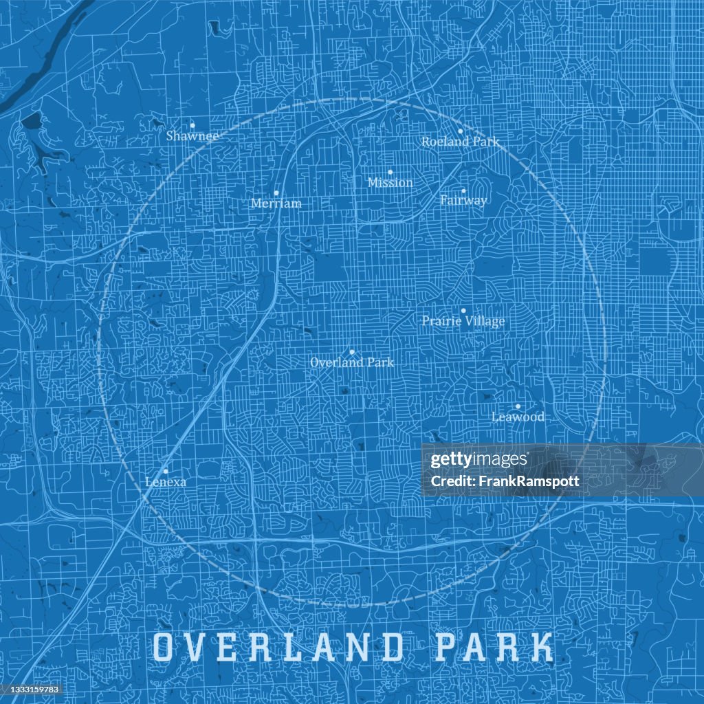 Overland Park KS City Vector Road Map Blue Text