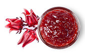 Roselle jam  and fresh Roselle flower (Jamaica sorrel, Rozelle or hibiscus sabdariffa)