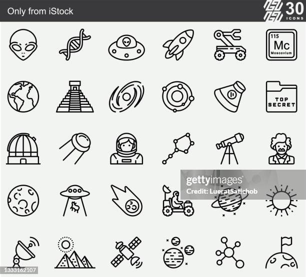 ilustraciones, imágenes clip art, dibujos animados e iconos de stock de antiguos alienígenas, ovni, alienígenas, ciencia, iconos de la línea espacial - new mexico