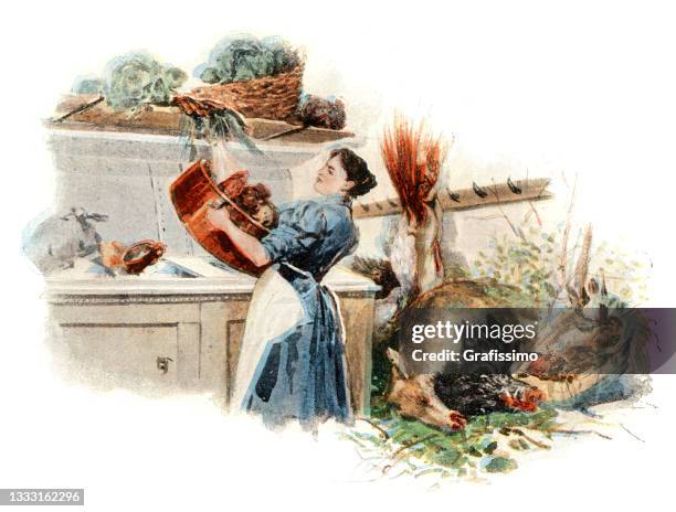 frau arbeitet in der speisekammer der küche wien 1896 - wildschwein stock-grafiken, -clipart, -cartoons und -symbole