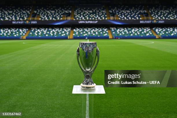 General view of the UEFA Super Cup Trophy seen on display inside the stadium during previews ahead of the UEFA Super Cup between Chelsea and...
