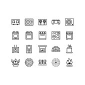 Stove flat line icons set. Contains such Icons Burner, Oven, Cooker, Camping gas, wood burning stove, brick oven. Simple flat vector illustration for web site or mobile app