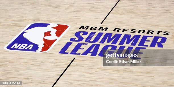 Summer league logo is shown on center court during a game between the Cleveland Cavaliers and the Houston Rockets during the 2021 NBA Summer League...