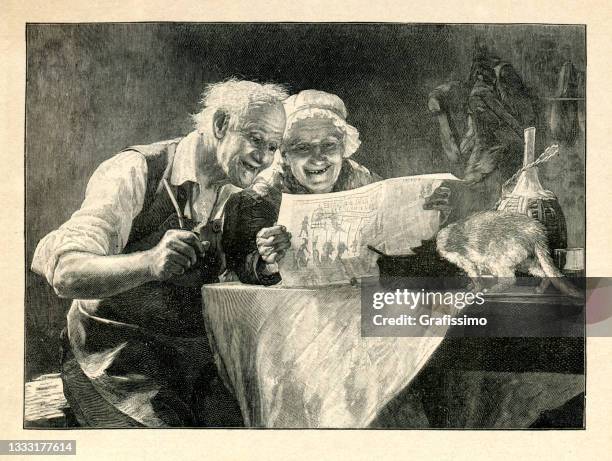 stockillustraties, clipart, cartoons en iconen met senior couple reading newspaper in the morning 1896 - 80 89 jaar