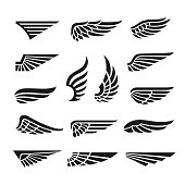 Eagle wings. Army minimal logo, wing graphics icons. Abstract retro black falcon bird badges, isolated flight emblem tidy vector collection