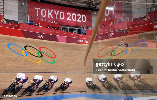 Ethan Hayter, Edward Clancy, Ethan Vernon and Oliver Wood of Team Great Britain during the Men´s team pursuit qualifying of the Track Cycling on day...