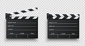 Realistic black movie clappers board set. Clapboards open and closed