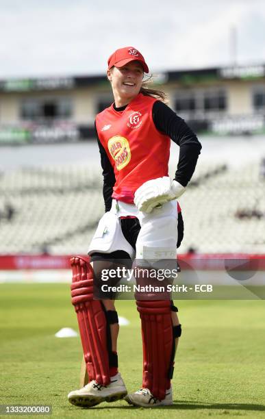 Sophie Luff of Welsh Fire Women warms up ahead of The Hundred match between Birmingham Phoenix Women and Welsh Fire Women at Edgbaston on August 09,...