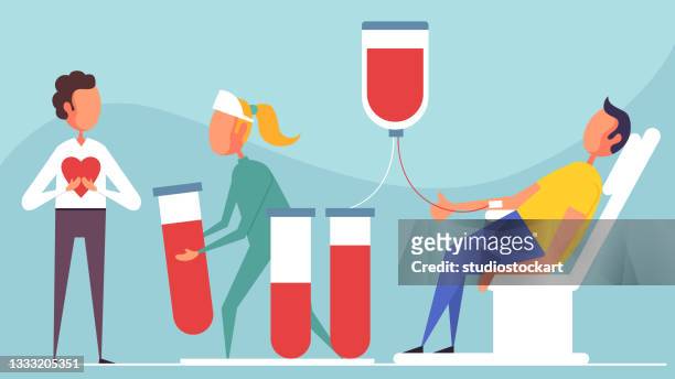 nurse checking of blood while patient gives donation - blood donation stock illustrations
