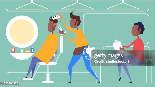 hairdressers cutting hair of clients in barber shop - hair salon stock illustrations