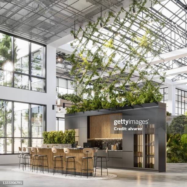 オフ�ィスコーヒーショップのインテリアの3dレンダリング - eco house ストックフォトと画像